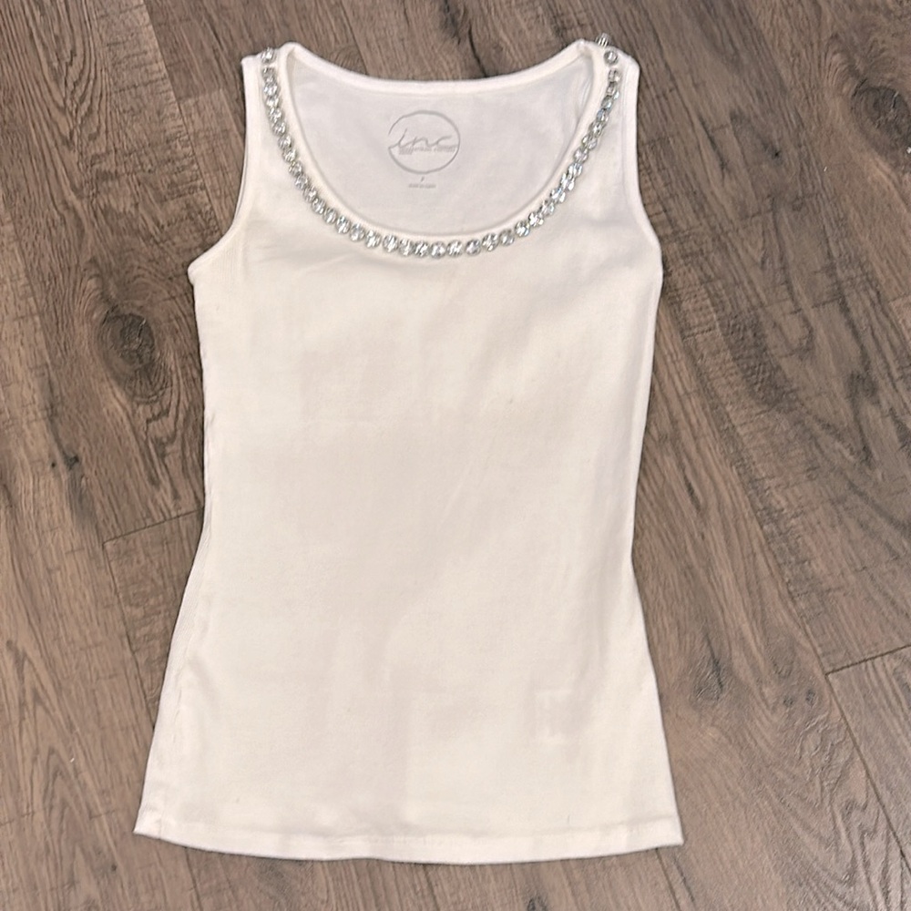 INC International Concepts Ribbed Tank with Studded Neckline White Petite